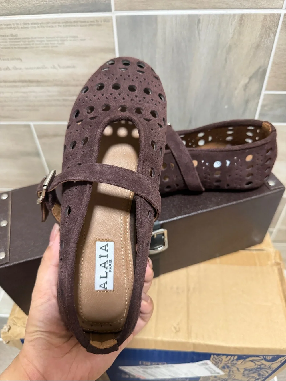 Kids Brown Suede Mary Jane Shoes with Perforated Detail